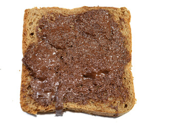 sweetened hazelnut cocoa spread, chocolate nougat cream, texture of melted chocolate paste within whole wheat brown toast, whole wheat flour, water, wheat bran, sugar, vegetable oil, salt, yeast