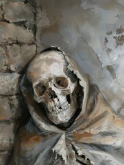 Grim skeleton in a cape, with a dark grunge background, shown in a cartoon style with a focus on the skull, teeth, and horror details.