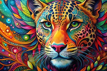 Close-Up Of Abstract Animal Print Painting With Vibrant Colors And Intricate Patterns