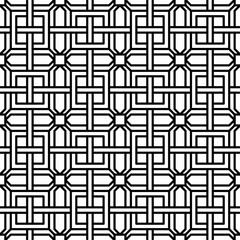 Seamless geometric pattern consisting of interlocking thick black lines on a white background. Suitable for various creative projects or graphic design elements.
