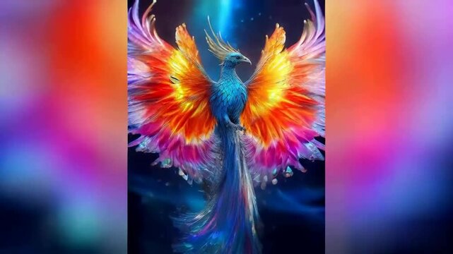 A majestic phoenix made of water that shines like liquid sapphires. Its feathers are made of crystalline water droplets that seem suspended in the air, and as it flies, it creates a rainbow of light a