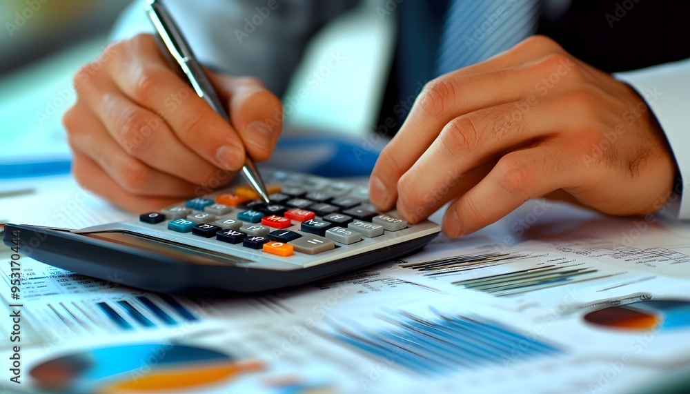Poster close-up of hands calculating on calculator with financial documents