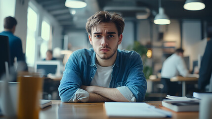Fototapeta premium Overwhelmed young professional struggling with burnout in a fast-paced office environment.