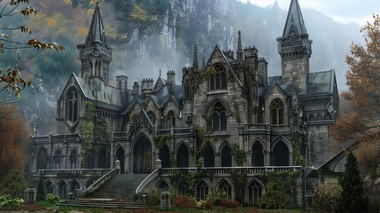 Fototapeta premium A large, gothic style mansion with a long set of stone stairs leading to the entrance, surrounded by trees, in front of a mountain range in the distance.