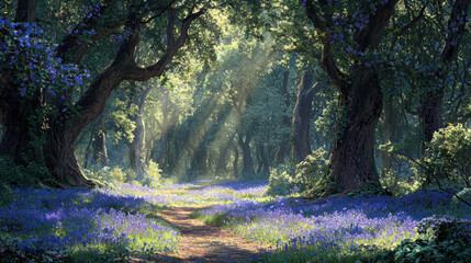 A mystical forest scene where the ground is carpeted with bluebells, and shafts of sunlight pierce through the dense canopy, illuminating a hidden path that winds through the trees, creating a sense o