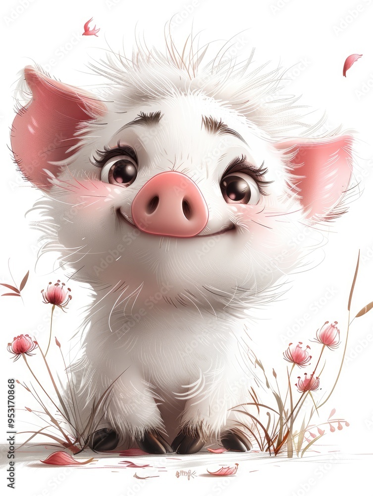 Wall mural Pig with a pink snout and a cheerful smile in cartoon style on a white background.