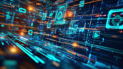 A cutting-edge tech background showcasing a holographic interface with floating icons and data streams in vibrant blue and green hues, set against a sleek dark backdrop, representing innovation and fu