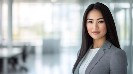 Naklejka premium Elegant American businesswoman in focus, office background softly blurred.
