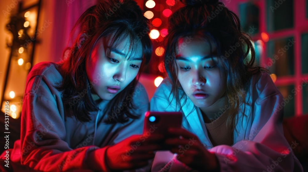 Poster two females studying a mobile device, possibly checking messages or browsing online