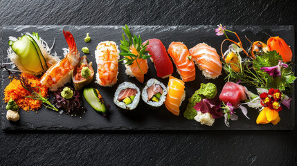 A delectable food spread on a dark slate surface, showcasing a gourmet selection of sushi, fresh seafood, and vibrant vegetables, artfully arranged with attention to detail and color,