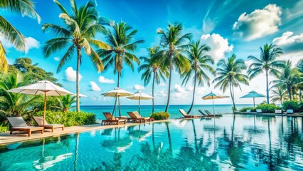 A luxurious tropical resort scene features an infinity pool overlooking a vast ocean.