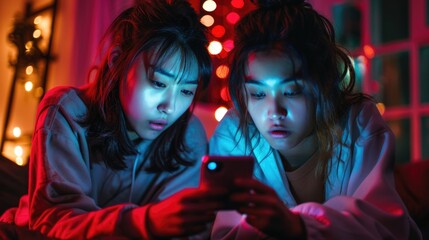 Two females studying a mobile device, possibly checking messages or browsing online