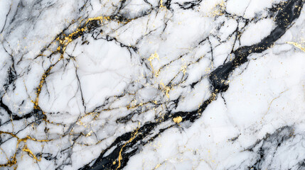 A classic marble background featuring rich black veins cutting through a polished white surface, with subtle gold flecks that add a touch of luxury and sophistication, perfect for elegant and timeless