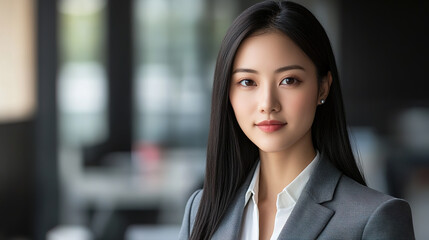 Fototapeta premium Elegant Asian businesswoman in focus, office setting blurred in the background.