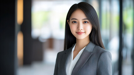 Naklejka premium Professional portrait of an Asian businesswoman, office background softly blurred.