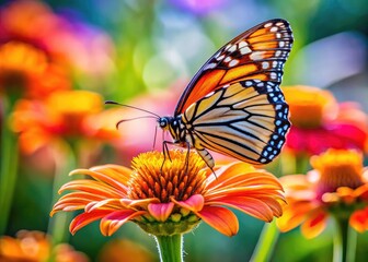 Fototapeta premium Delicate butterfly with intricate wings and slender antennae perches on a vibrant, petal-soft flower, sipping nectar in a serene, sun-kissed natural setting.