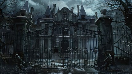 A mysterious, dark, and ominous gothic mansion stands behind a wrought iron gate in the rain.