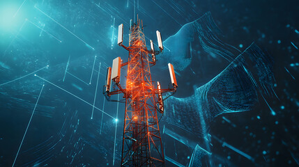 Telecommunication tower equipped with 4G and 5G transmitters, emitting signals in a futuristic depiction of wireless communication.