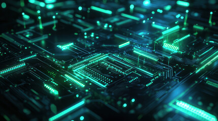 A sleek futuristic tech environment with transparent screens displaying complex data, neon blue lighting accentuating the dark metallic surfaces, and a cityscape visible through large windows at night