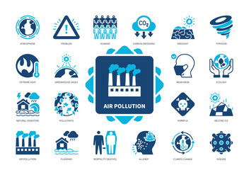 Air Pollution icon set. Atmosphere, Typhoon, Allergy, Harmful, Pollutants, Greenhouse Gases, Extreme Heat, Disease. Duotone color solid icons