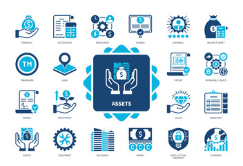 Assets icon set. Buildings, Value, Balance Sheet, Shares, Bonds, Intellectual Property, Goodwill, Money. Duotone color solid icons