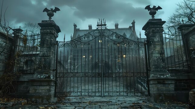 A spooky, dark, and mysterious gothic mansion with an iron gate and a cobblestone pathway leading to it. - Powered by Adobe