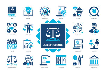 Jurisprudence icon set. Philosophy, Economics, Law, Legislators, Punishment, Theory, Analytics, Judge. Duotone color solid icons