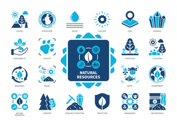 Natural Resources icon set. Abiotic, Minerals, Biotic, Resource Extraction, Vegetation, Nature, Raw Materials, Wildlife. Duotone color solid icons