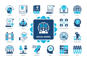 Social Norm icon set. Behavior, Belief, Society, Rules, Coordination, Psychology, Morality, Values. Duotone color solid icons