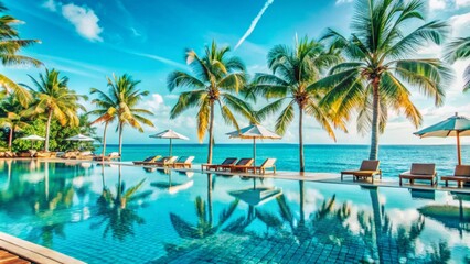 A luxurious tropical resort scene features an infinity pool overlooking a vast ocean.