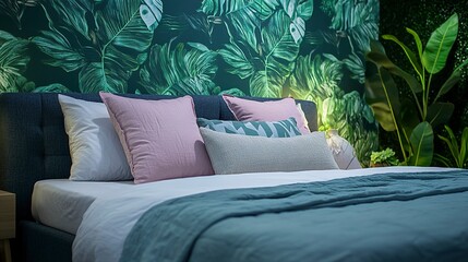 Comfortable bed with pillows in stylish bedroom in apartment. Modern wallpaper on the wall in green leaves. Design interior for relax and rest. 