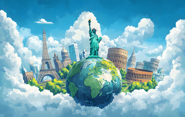 Illustration of a trip around the world, featuring famous landmarks on a globe. The artwork showcases various iconic monuments and creates a world travel background.