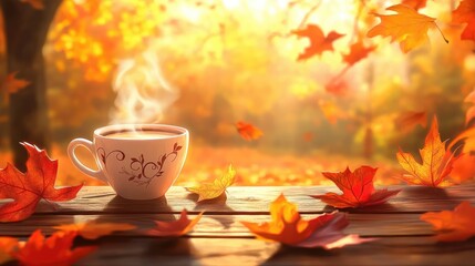 Fototapeta premium A steaming cup of coffee surrounded by autumn leaves in a serene outdoor setting.