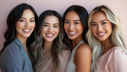 Obraz premium portrait of group of business women smiling and looking at camera, with different skin tones, against light pastel background 