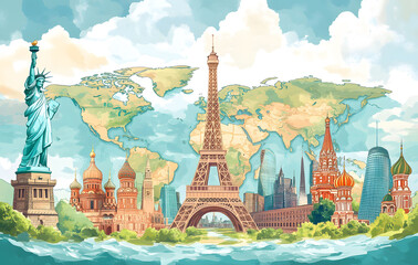 Illustration of a trip around the world, featuring famous landmarks on a globe. The artwork showcases various iconic monuments and creates a world travel background.