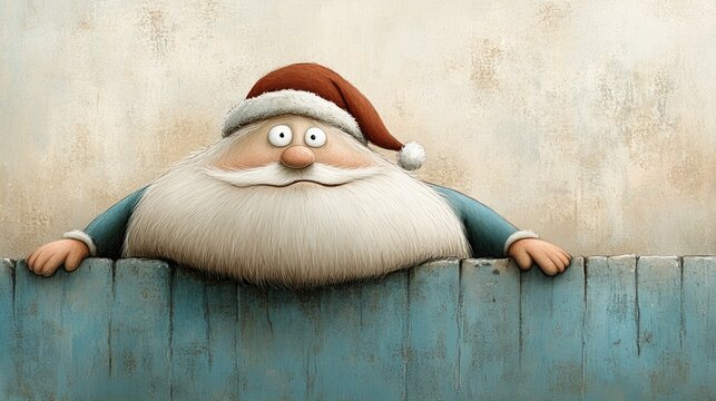 A comic depiction of Santa Claus with his red hat and white beard stuck in a narrow chimney, creating a humorous and charming Christmas postcard or greeting card.