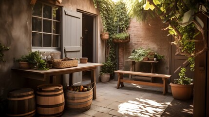 Obraz premium cozy outdoor patio area featuring wooden tables and chairs under a canopy of green leaves.