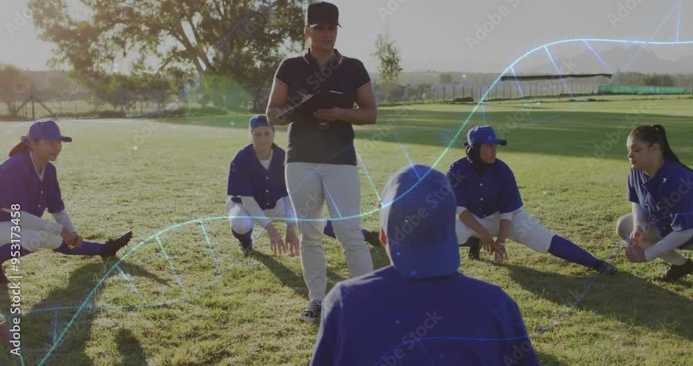 Poster coach instructing baseball team, data processing animation over players on field