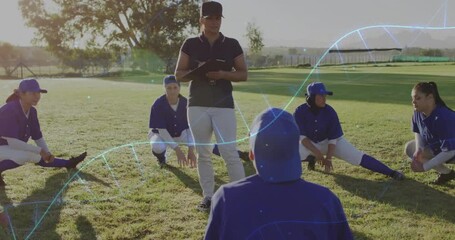 Coach instructing baseball team, data processing animation over players on field - Powered by Adobe