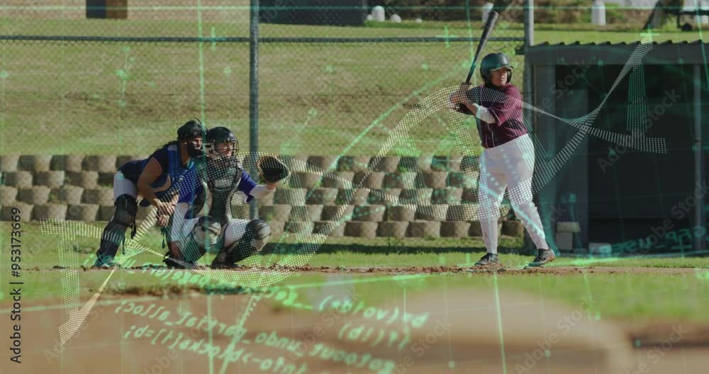 Poster baseball players in action with data processing animation over scene