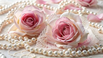Delicate pink rose petals intertwined with intricate white lace, adorned with subtle pearl embellishments, creating a romantic and whimsical vintage-inspired wedding decoration.