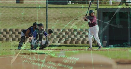 Baseball players in action with data processing animation over scene - Powered by Adobe