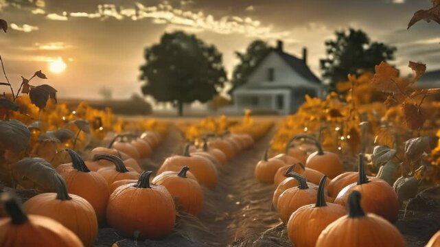  Pumpkin Patch at Sunset with Farmhouse in Background