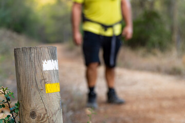 Unrecognizable hiker passing next to a wooden post with painted signs.