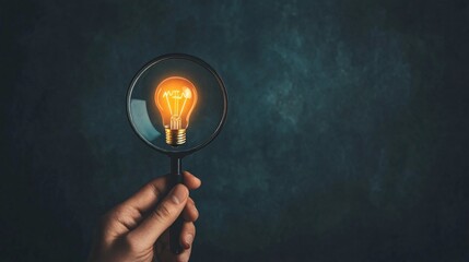 A close-up of a hand holding a magnifying glass with a glowing light bulb inside, symbolizing ideas.