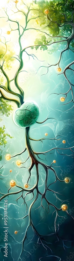 Poster abstract tree with glowing orbs.