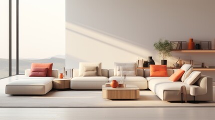 Spacious living room with white sectional sofa, wooden coffee table, and pendant lights. Modern, warm minimalist design concept.