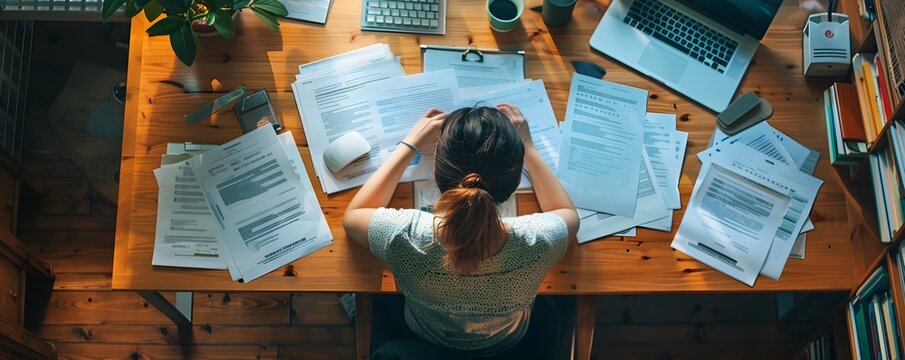 Woman Navigating Career Change Amid Scattered Job Applications and Resumes on Desk