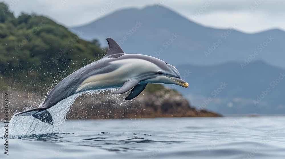 Wall mural A dolphin leaping out of the water, captured mid-air, representing the playful and intelligent nature of these marine animals