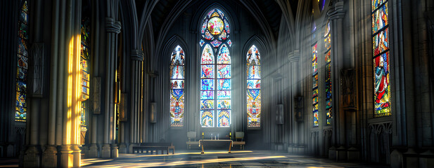 Fototapeta premium church with stained glass windows, AI generated
